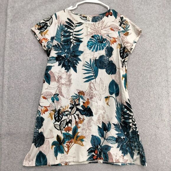 Yuguoguo Dresses & Skirts - Yuguoguo Tshirt Mini Dress Womens Sz L Tan Teal Leaf Floral Print Short Sleeve
